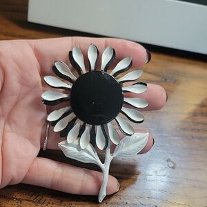 Vintage Enamel Black and White Sunflower Flower Brooch Huge